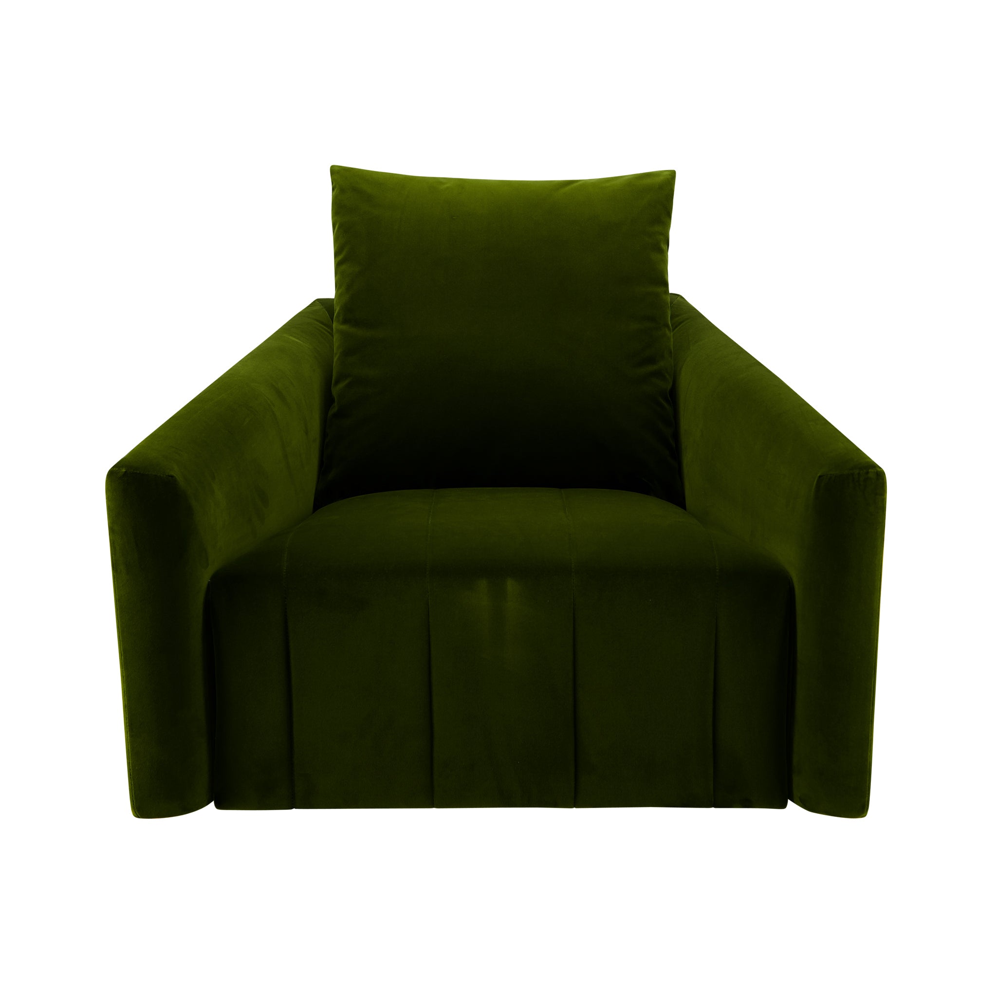 Belladonna velvet swivel armchair in green (80). Front view.