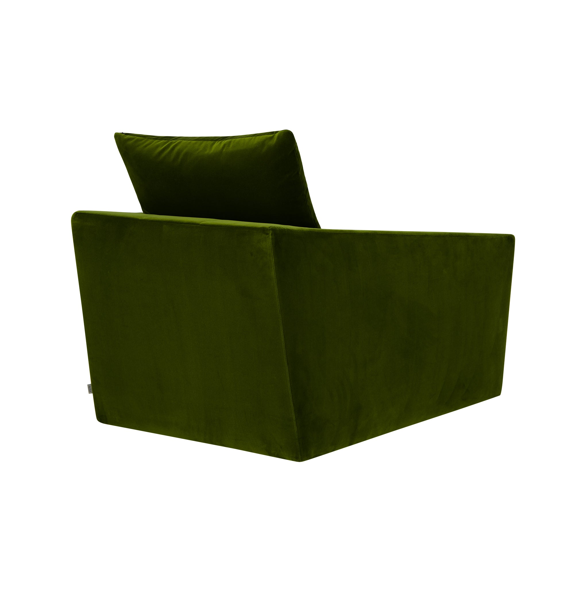Belladonna velvet swivel armchair in green (80). Rear view.