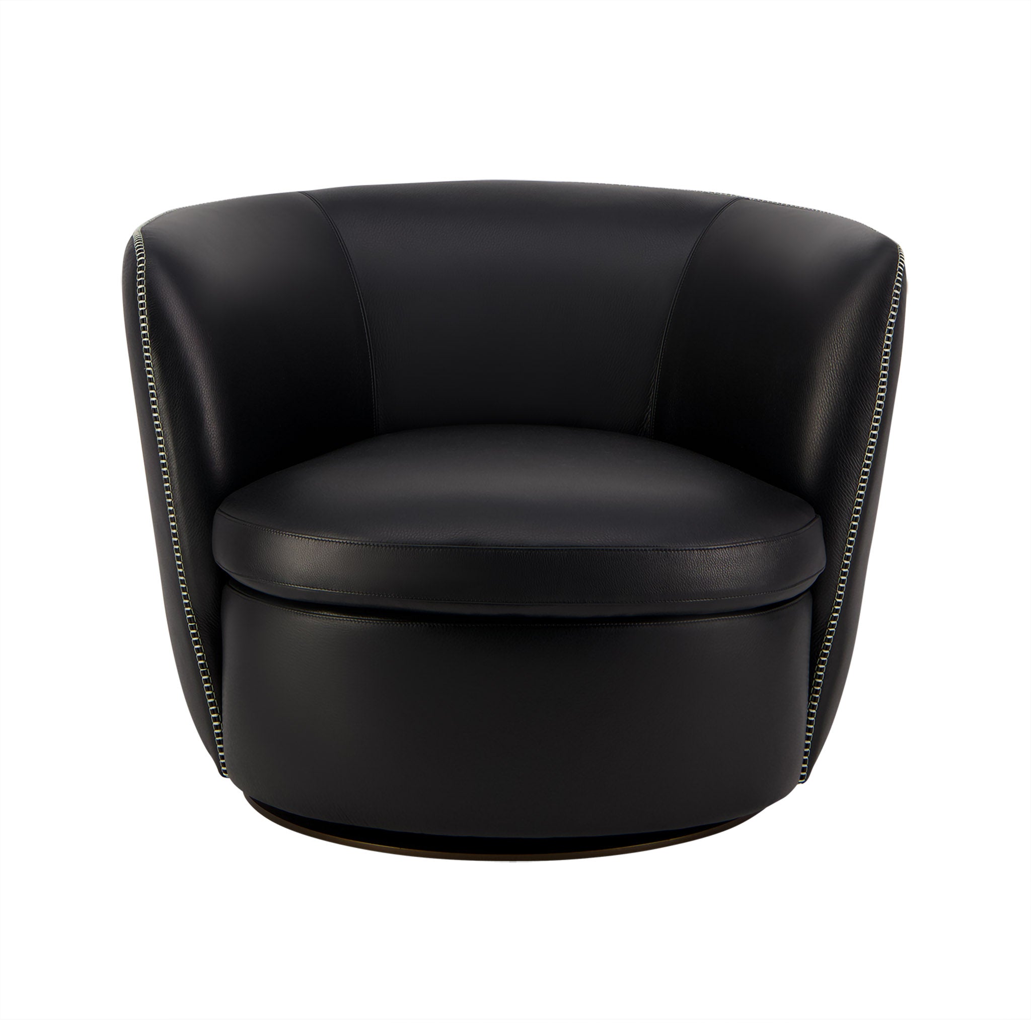 Bellagio leather swivel lounge chair in black. Front view.