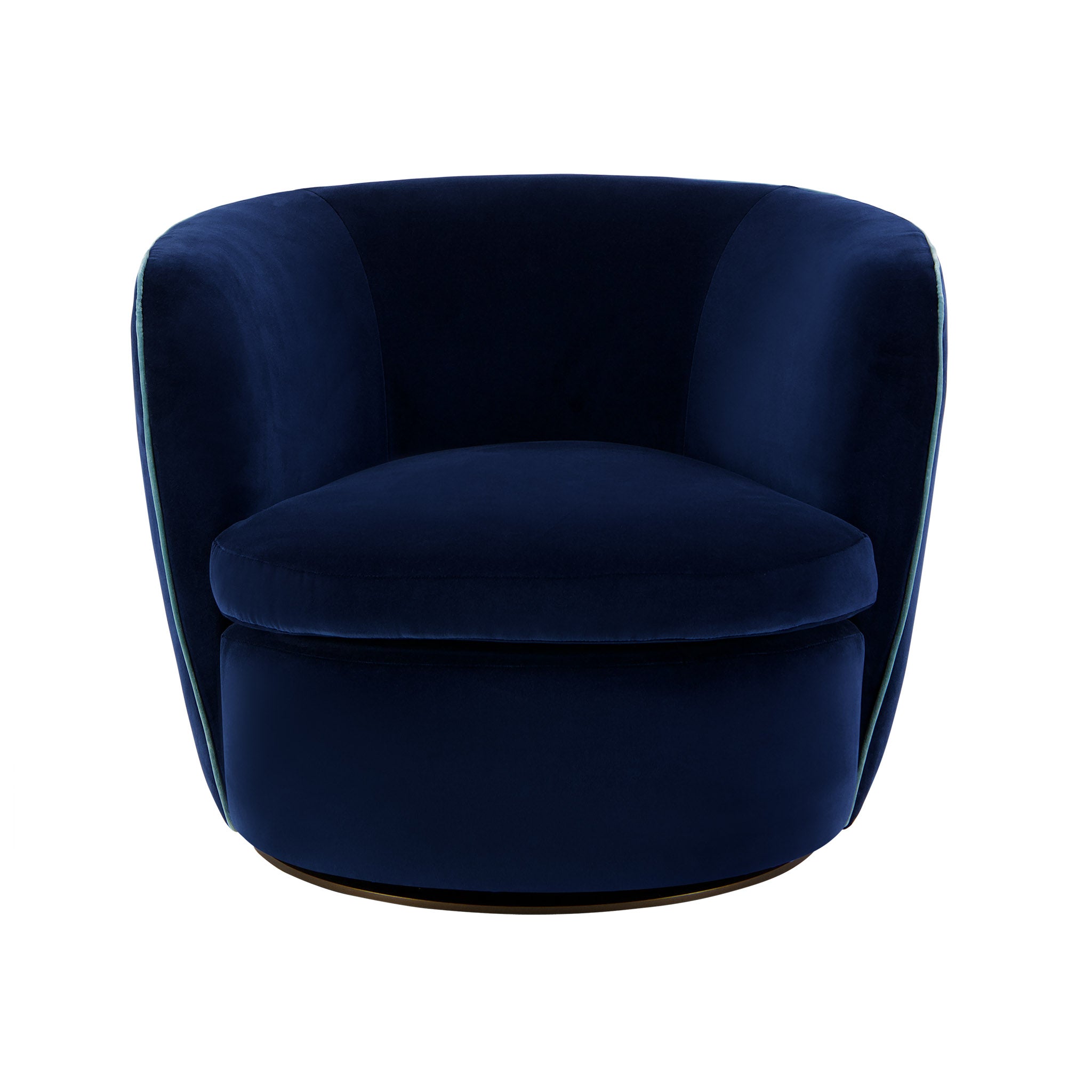 Bellagio swivel lounge chair in deep blue velvet. Front view.