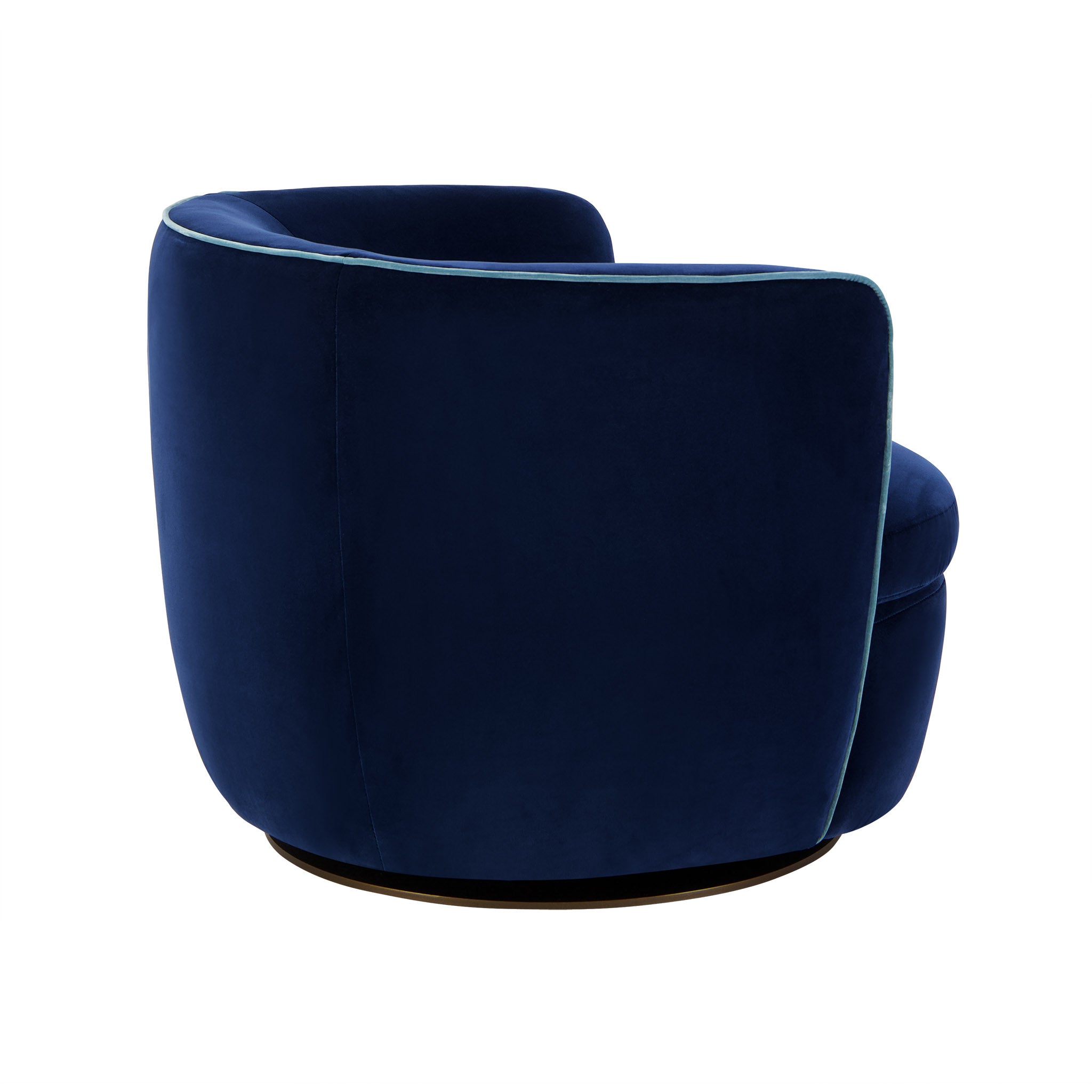 Bellagio swivel lounge chair in deep blue velvet. Rear view.