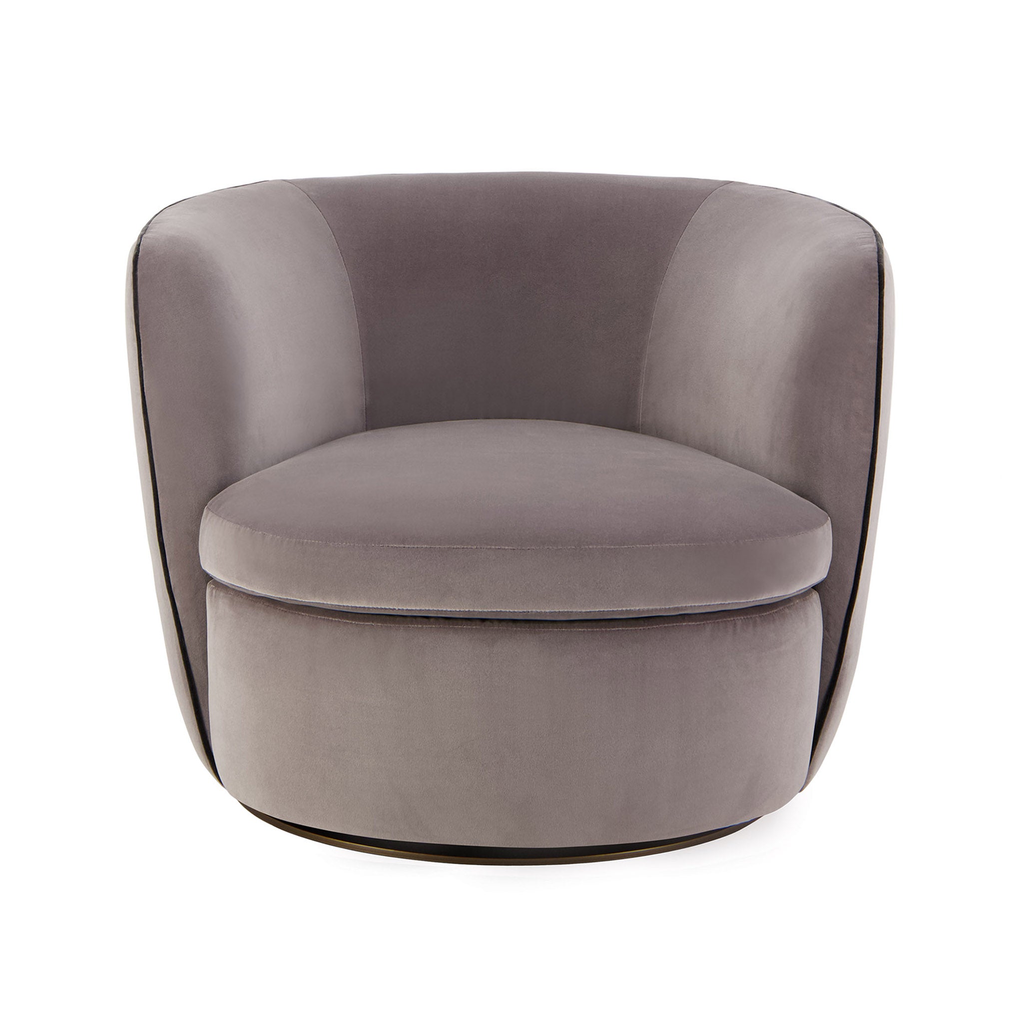 Bellagio swivel lounge chair in grey velvet. Front view.