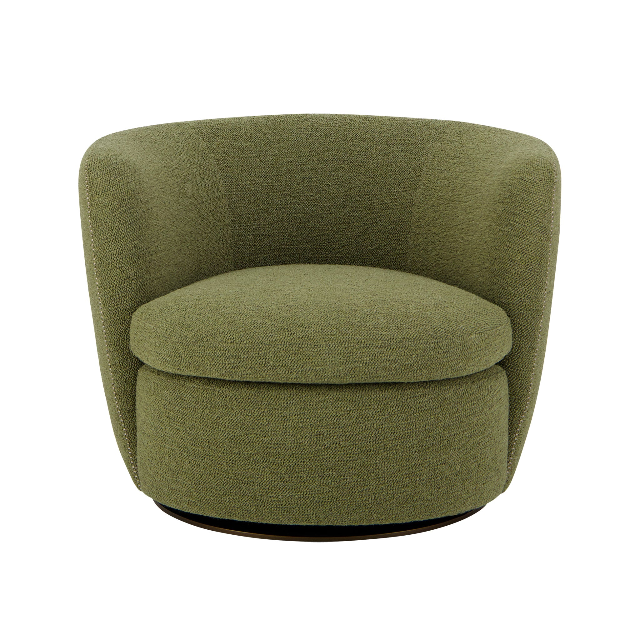 Bellagio swivel lounge chair in Perseide 18 Olive Green. Front view.