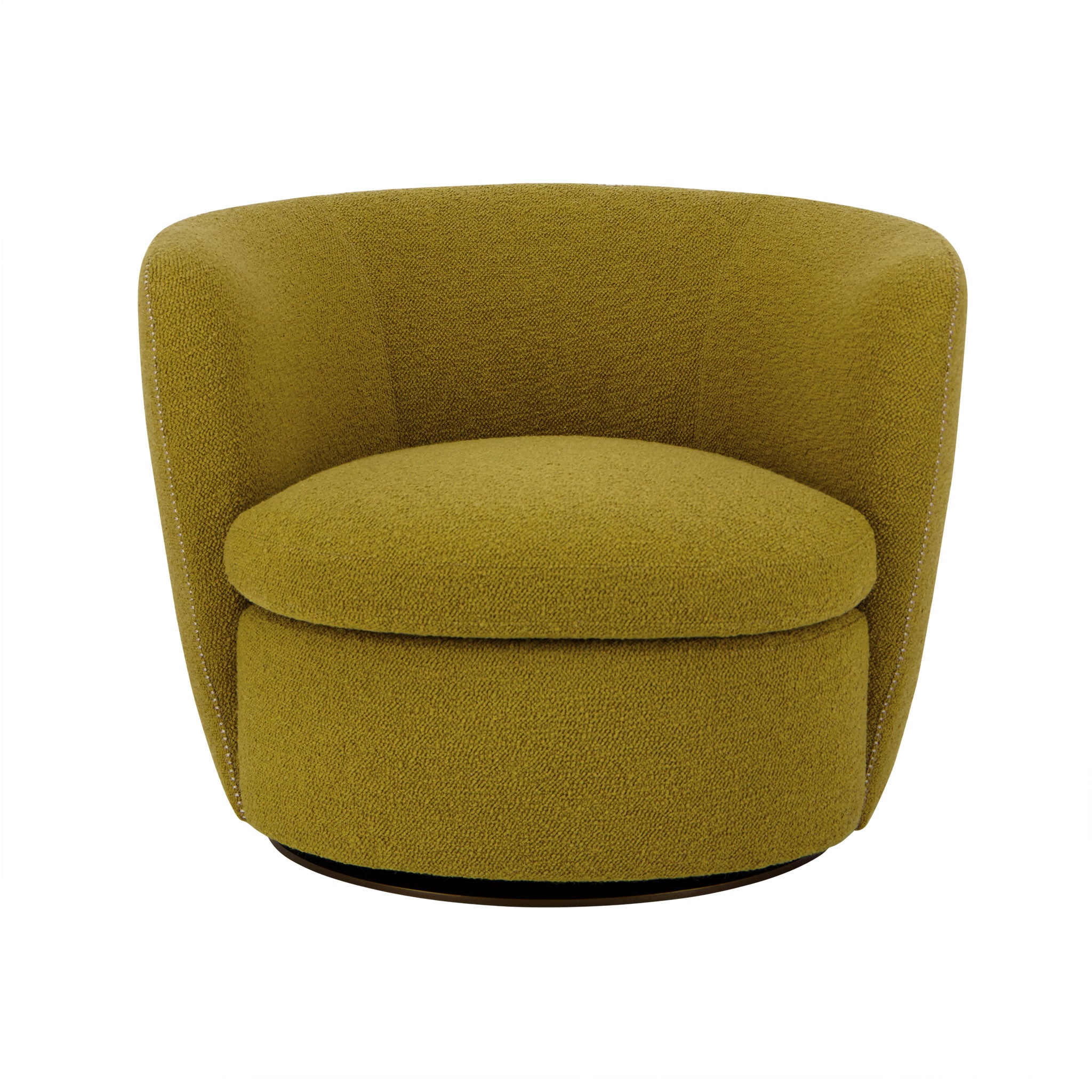 Bellagio swivel lounge chair in Perseide 6 Mustard colour. Front view.