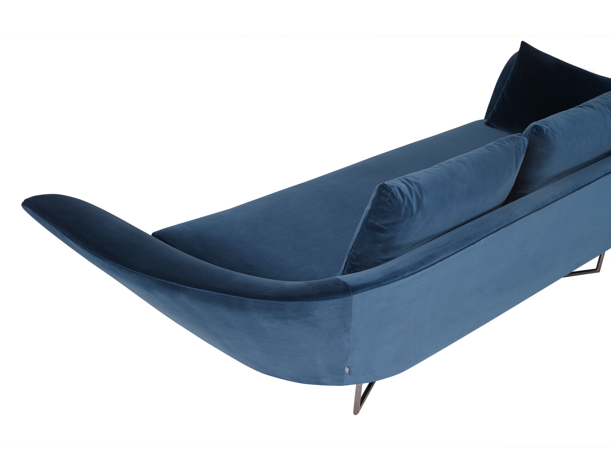 Little Wing low profile velvet sofa in blue. Rear view from top.