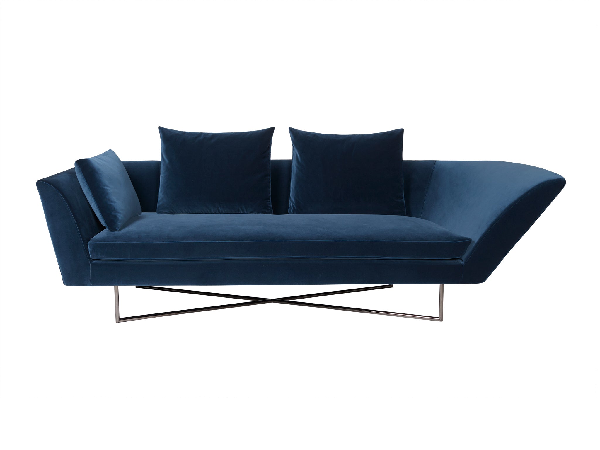 Little Wing low profile velvet sofa in blue. Front view.