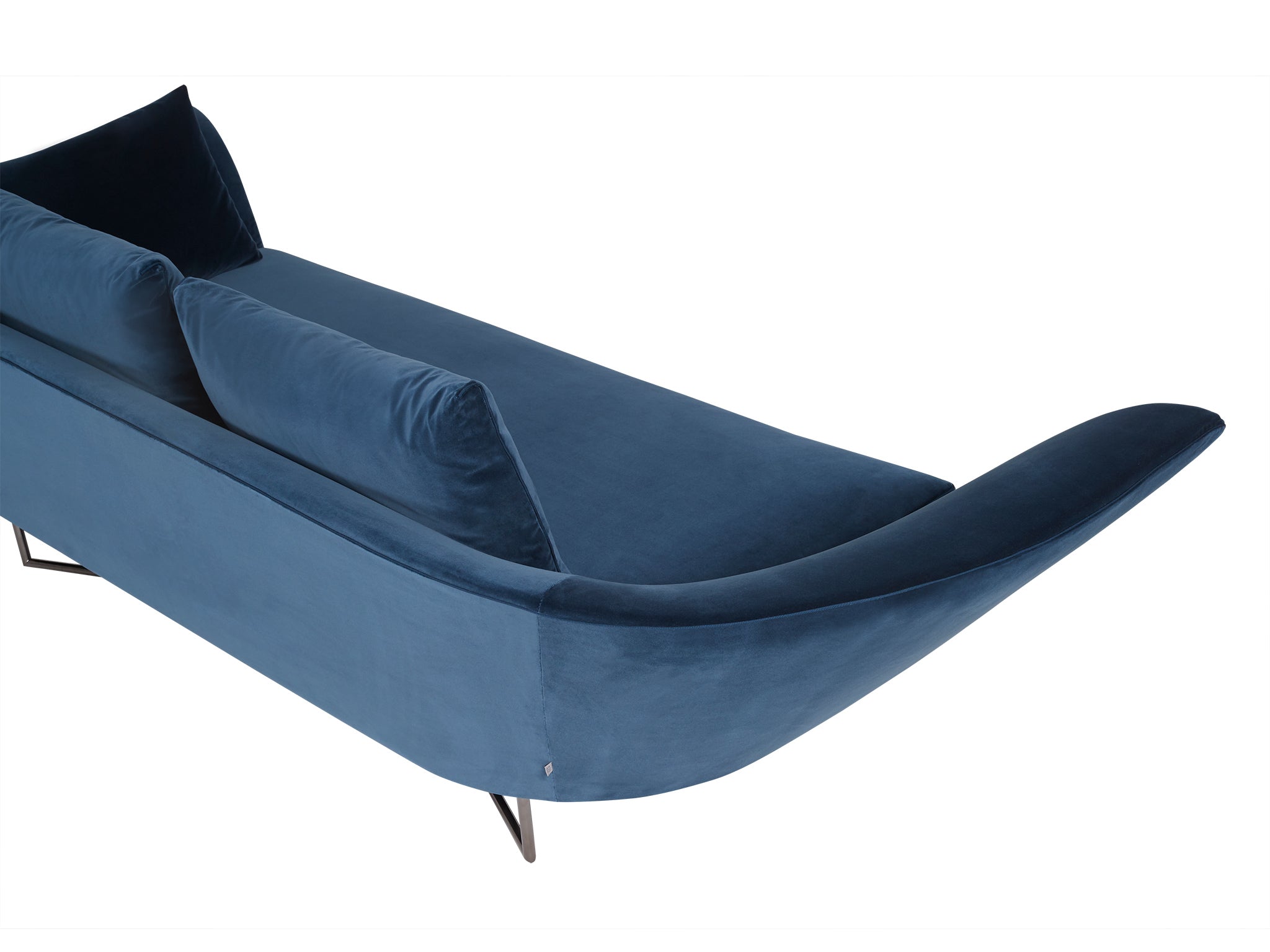 Little Wing right arm velvet sofa in blue. Closeup view.