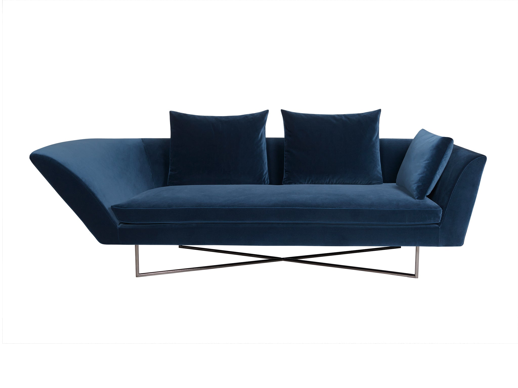 Little Wing right arm velvet sofa in blue. Front view.