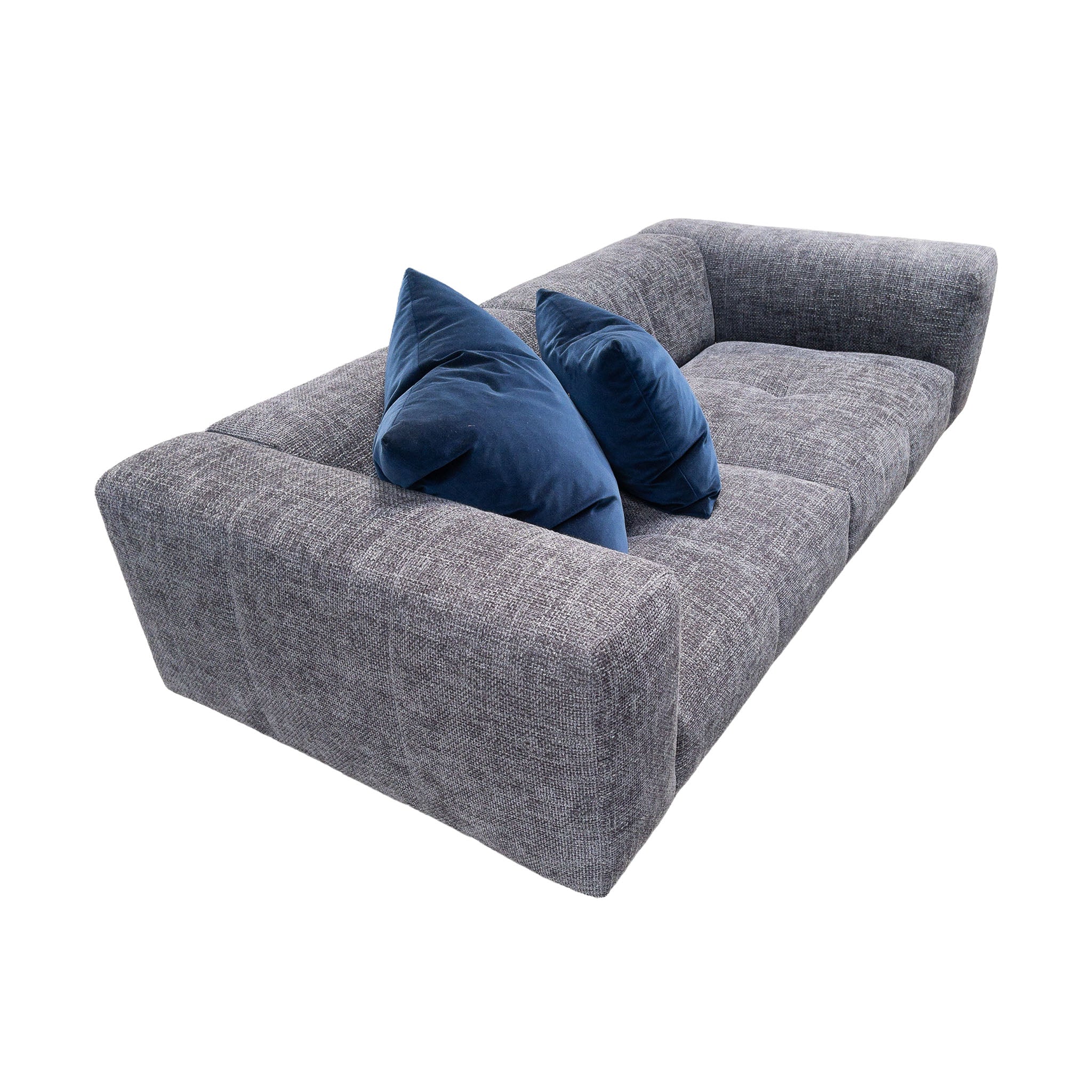 Milano plush sofa in anthracite fabric with two deep blue pillow cushions