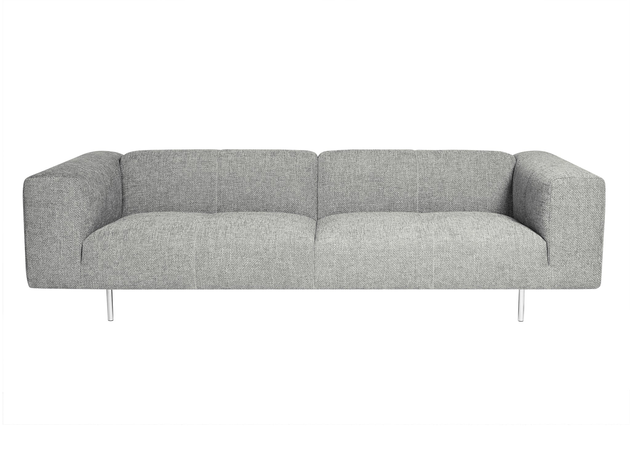 Milano plush sofa 250 cm wide in light grey colour. Front view.