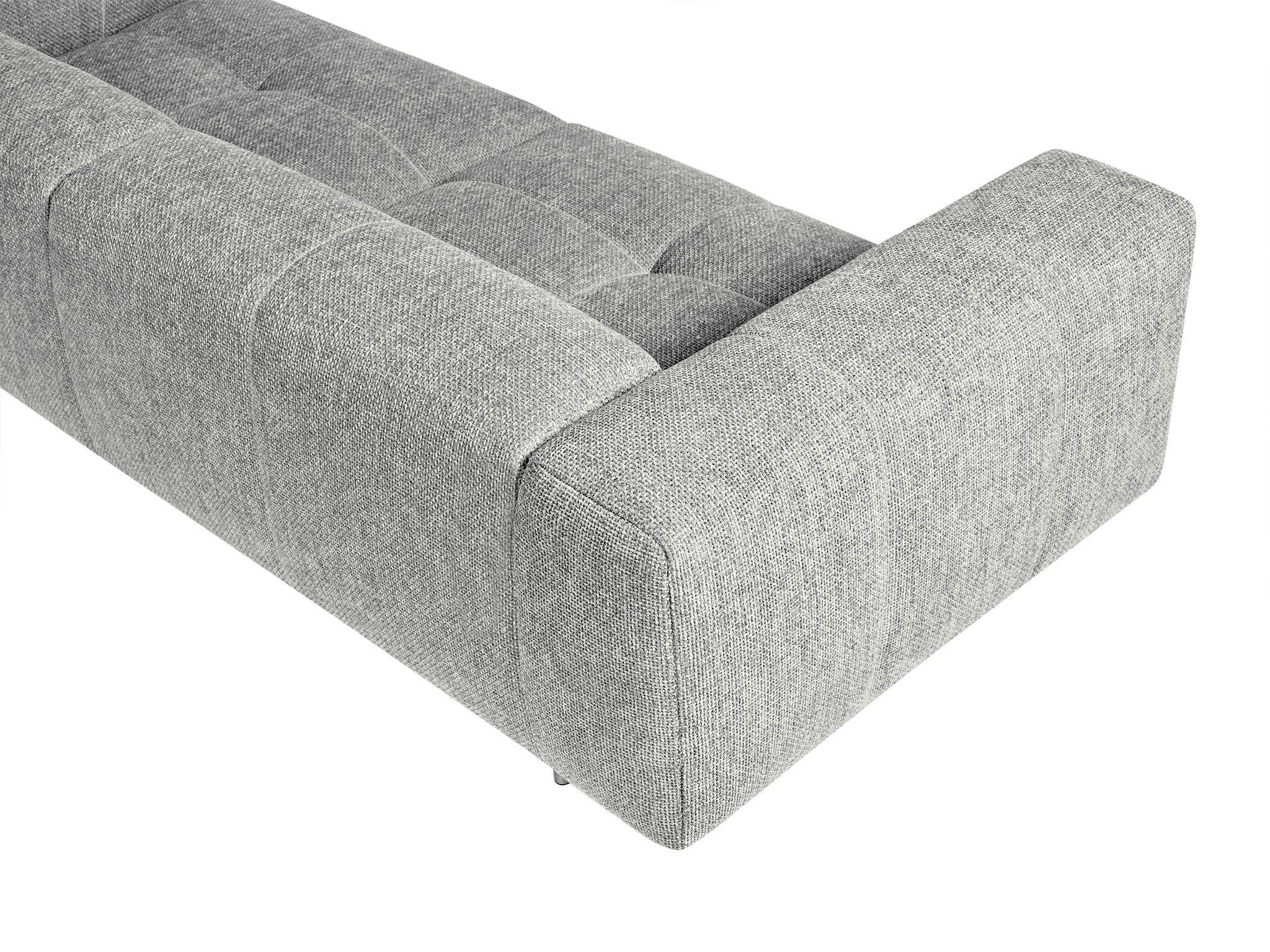 Milano plush sofa 250 cm wide in light grey colour. Rear top view.