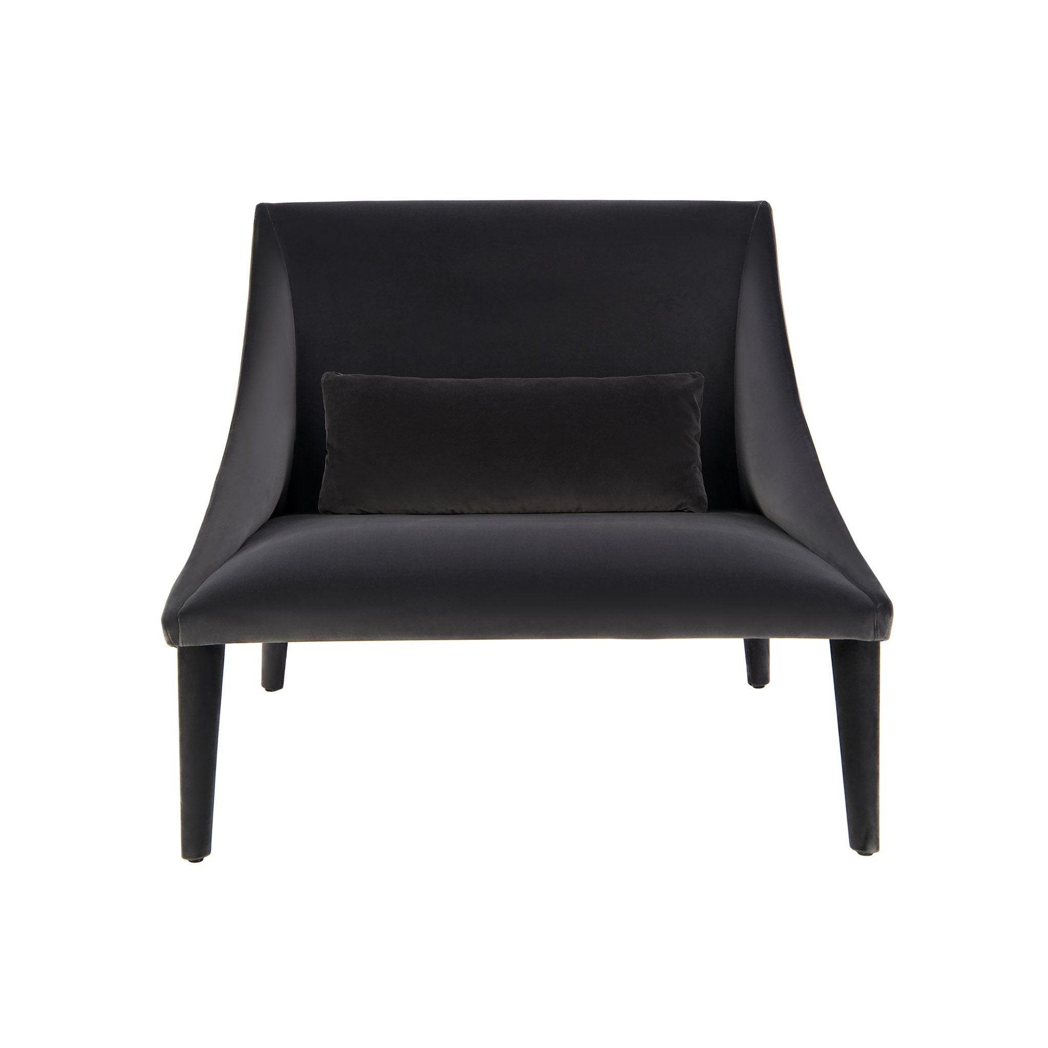 Petalo lounge chair in dark grey velvet. Front view.