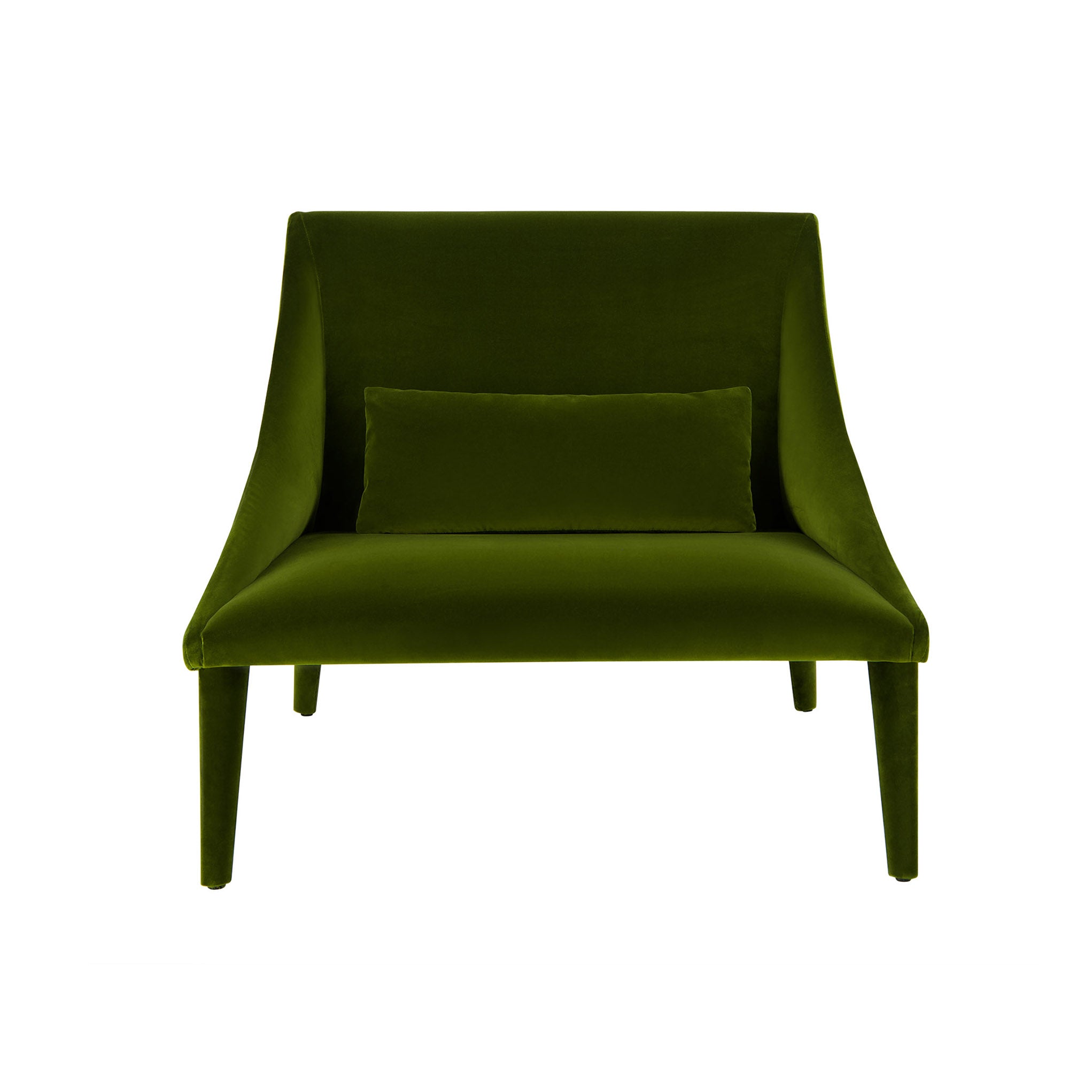 Petalo Italian lounge chair in green velvet. Front view.