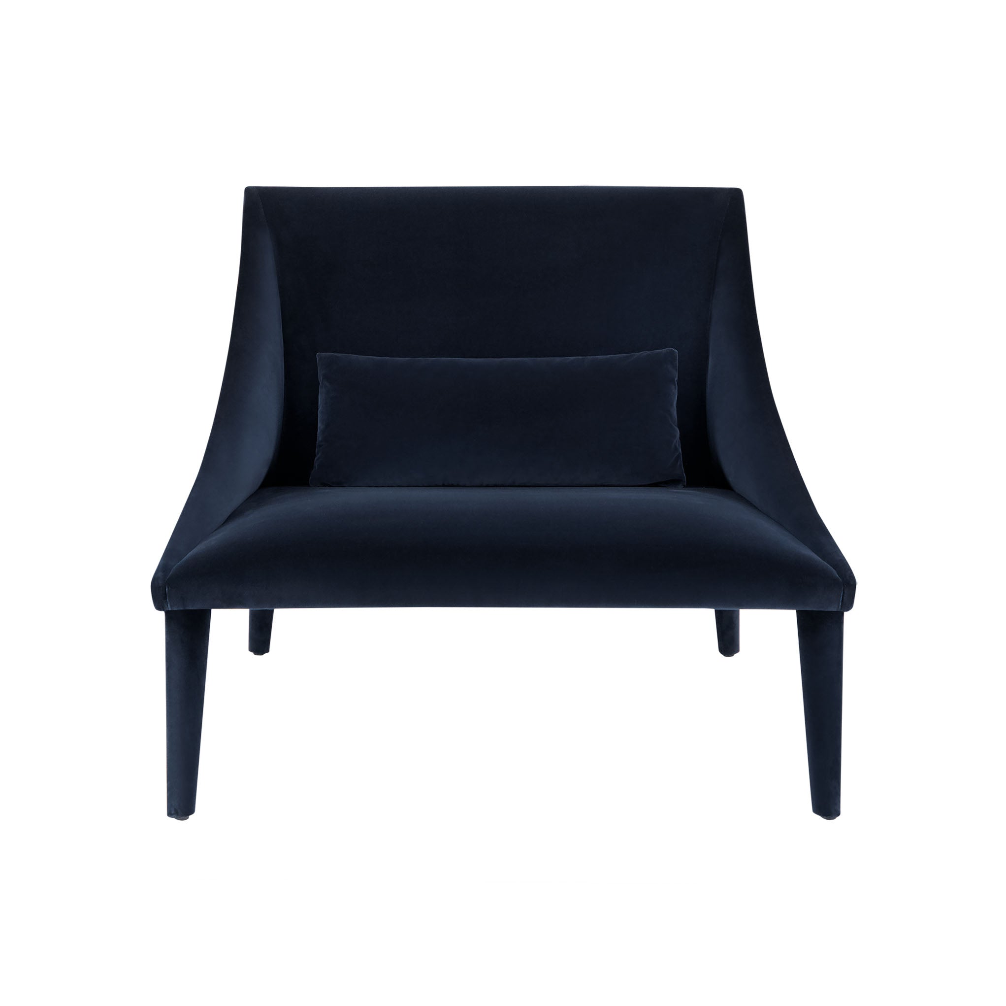 Petalo lounge chair in blue velvet. Front view. Italian designed and manufactured.