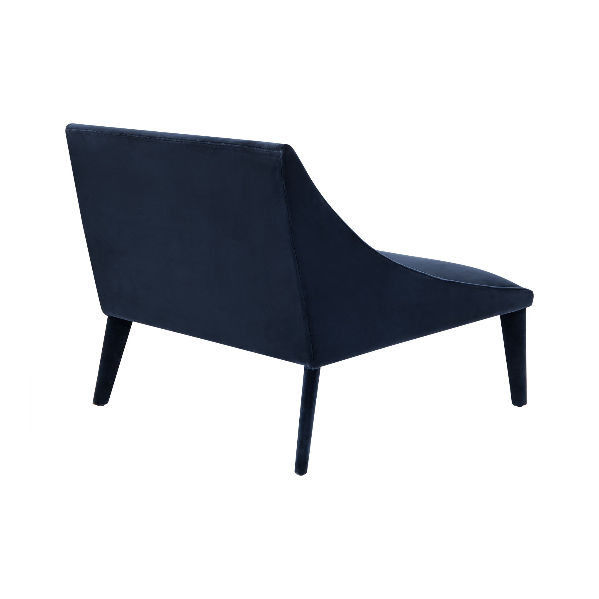 Italian designed and manufactured Petalo lounge chair in blue velvet. Rear angle view.