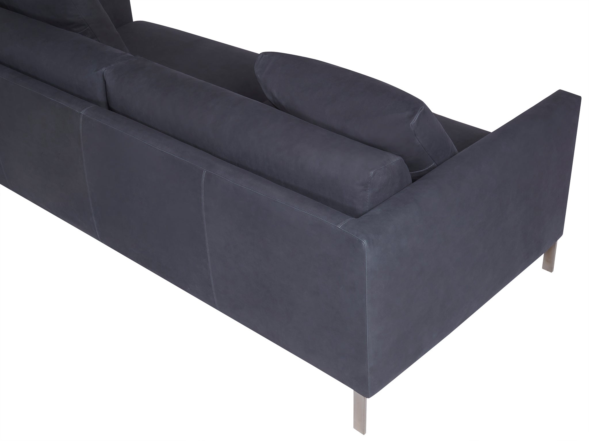 Prezioso leather sofa in blue. Rear closeup view.