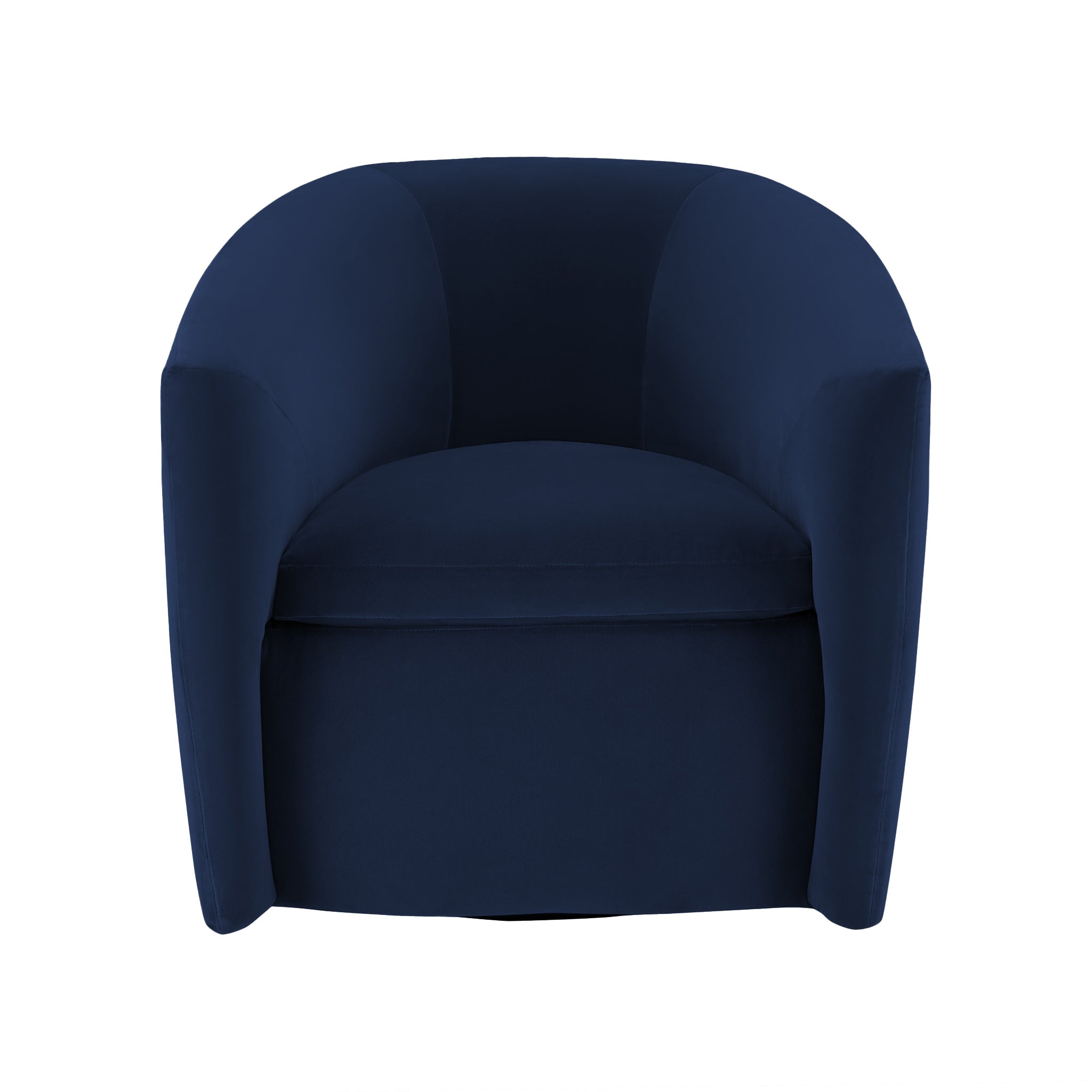 Roma velvet swivel lounge chair in deep blue. Front view.