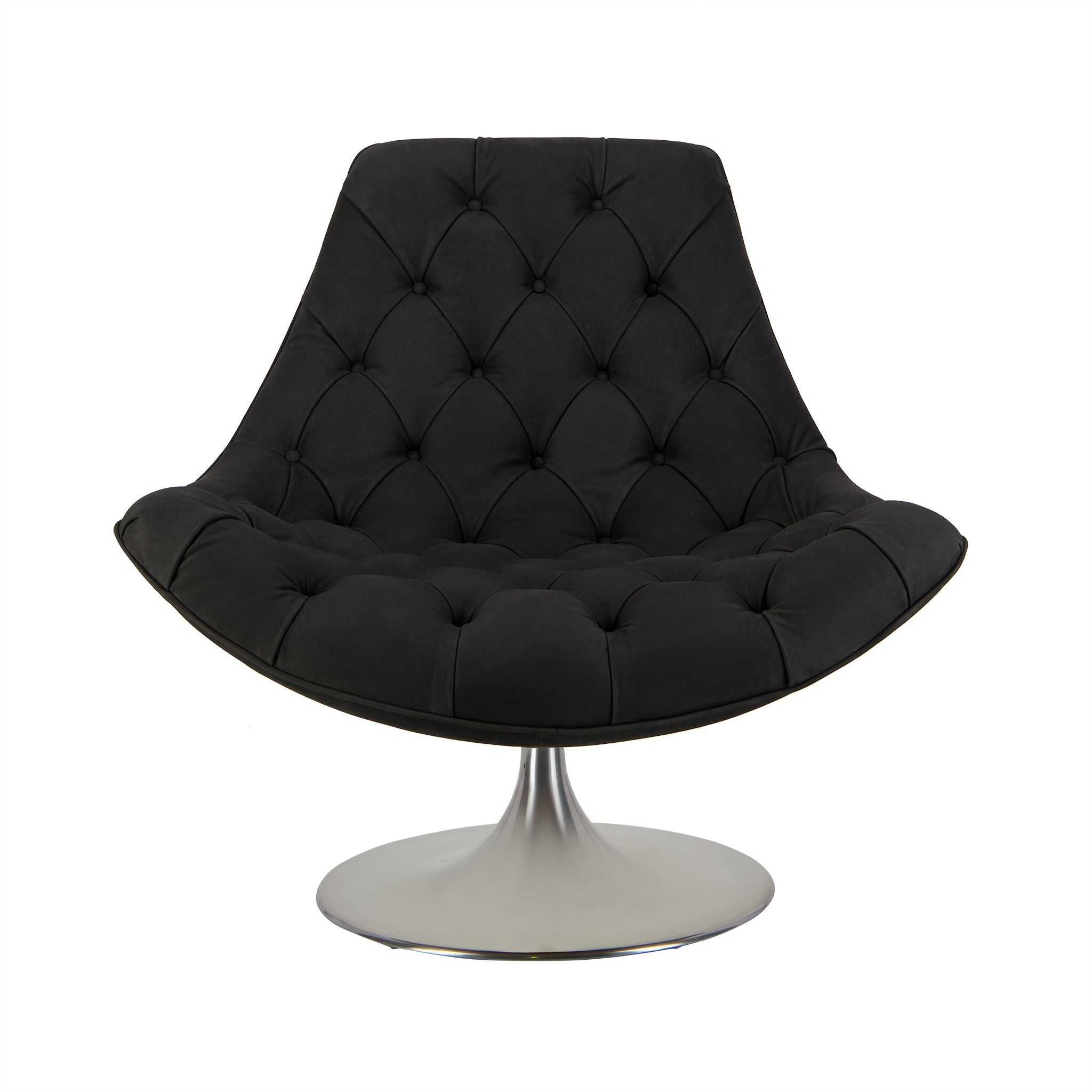 Venezia Kalahari leather swivel lounge chair in black. Front view.